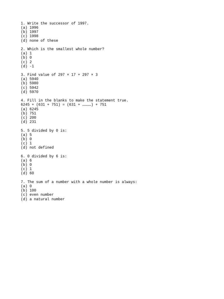 Whole Numbers Grade-6 CBSE Worksheet | PDF