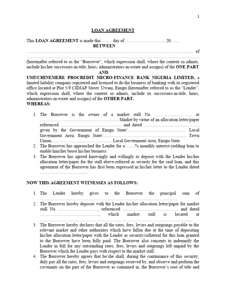 Loan Agreement for Market Stall Financing | PDF | Loans | Private Sector