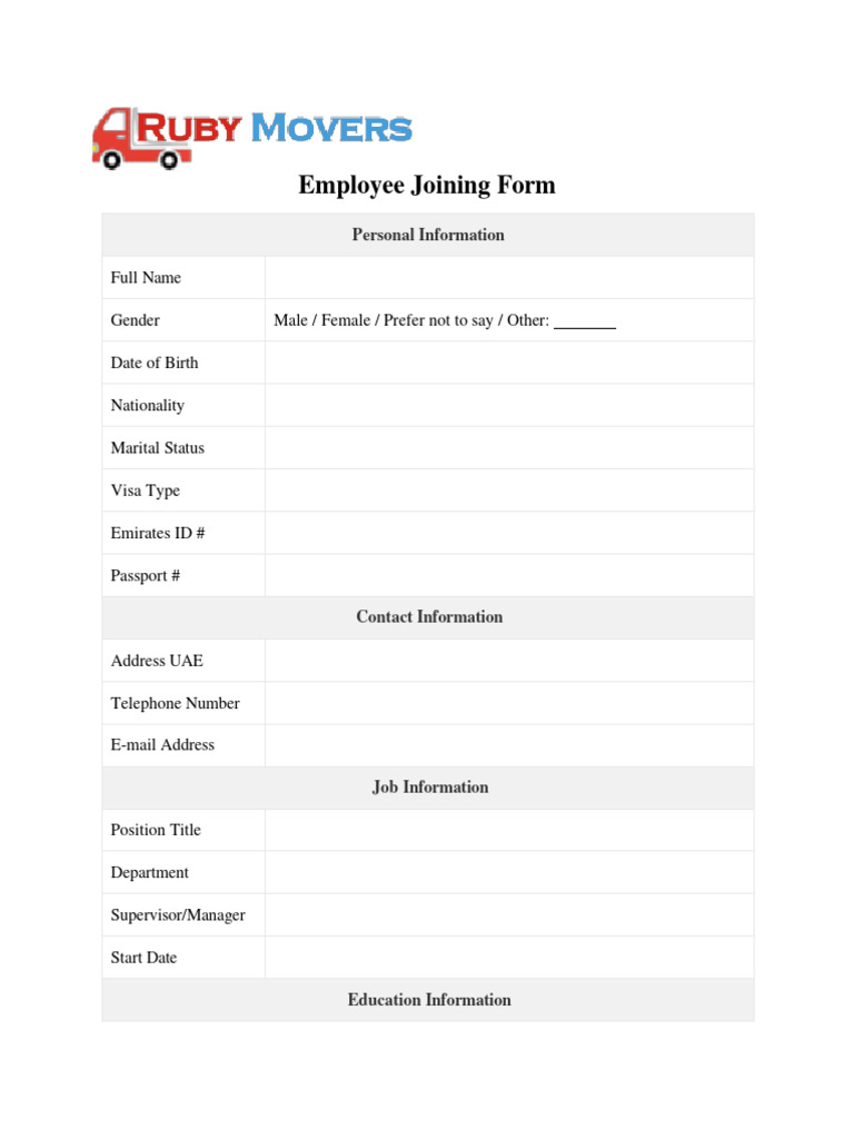 Employee Joining Form PDF