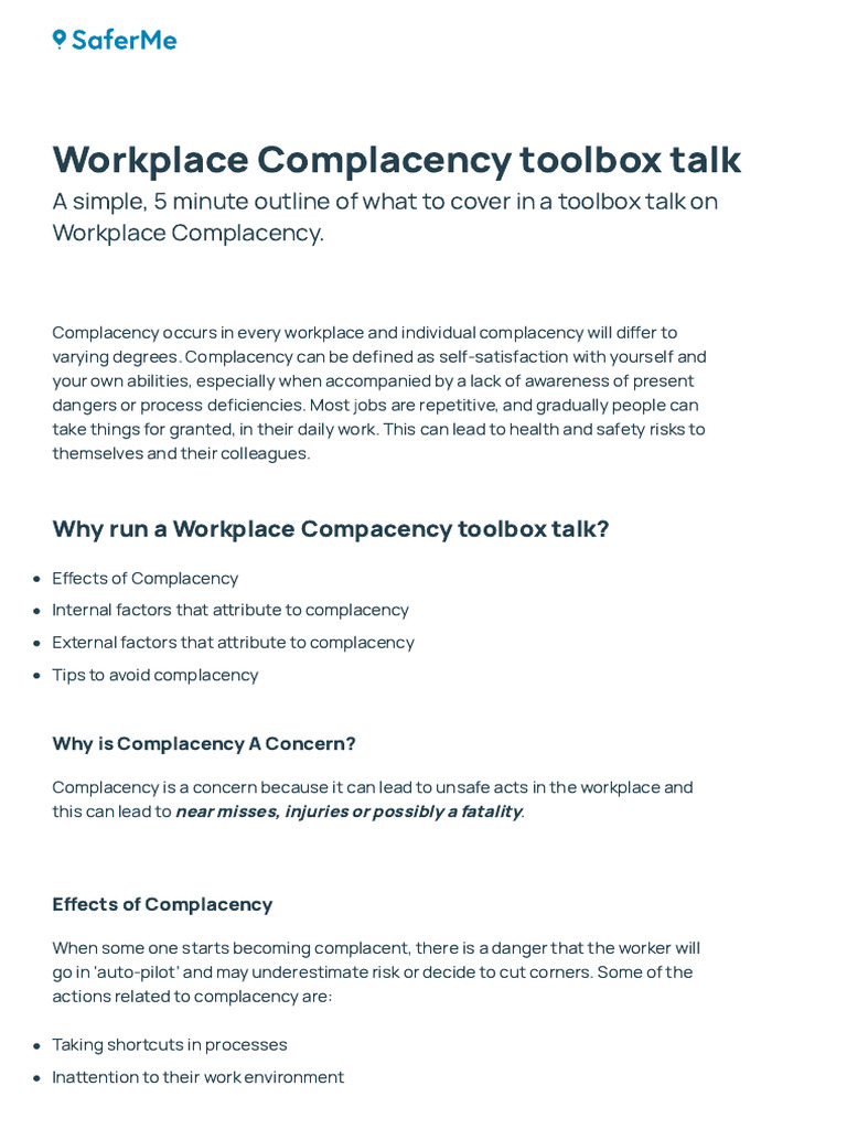 Workplace Complacency Toolbox Talk | PDF | Occupational Safety And ...
