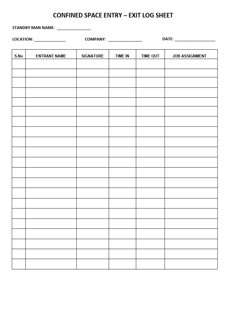 Confined space log sheet pdf