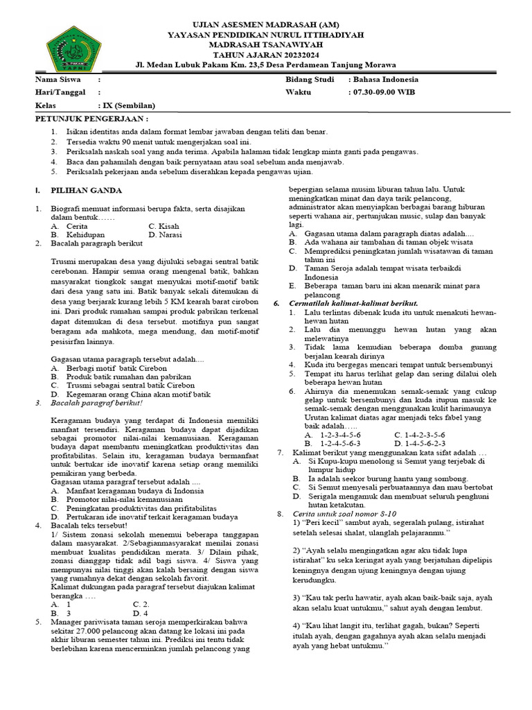 Ujian Bahasa Indonesia Kelas IX 2023 | PDF