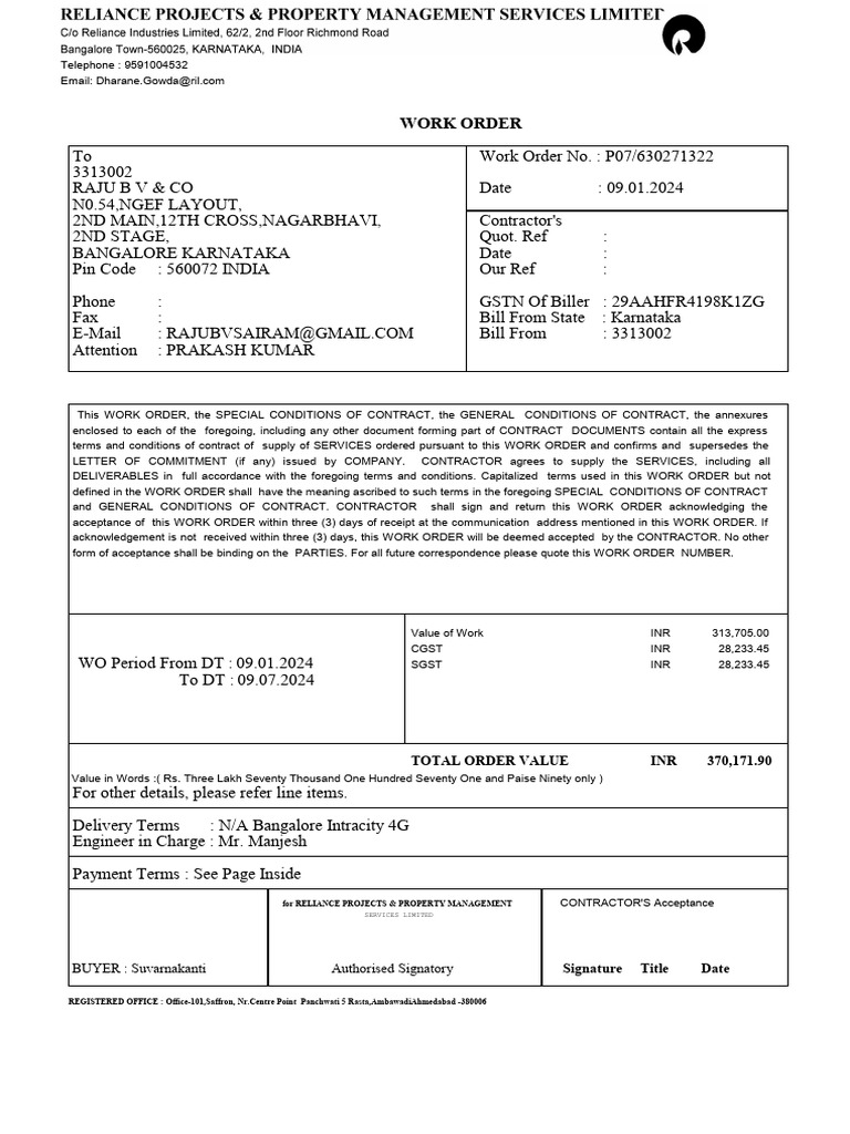 Total Order Value INR 370,171.90 For Reliance Projects & Property