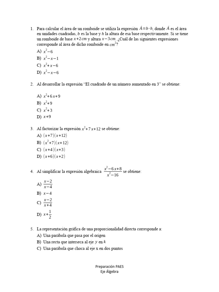 Evaluacion algebra 2023 60m pdf matem ticas