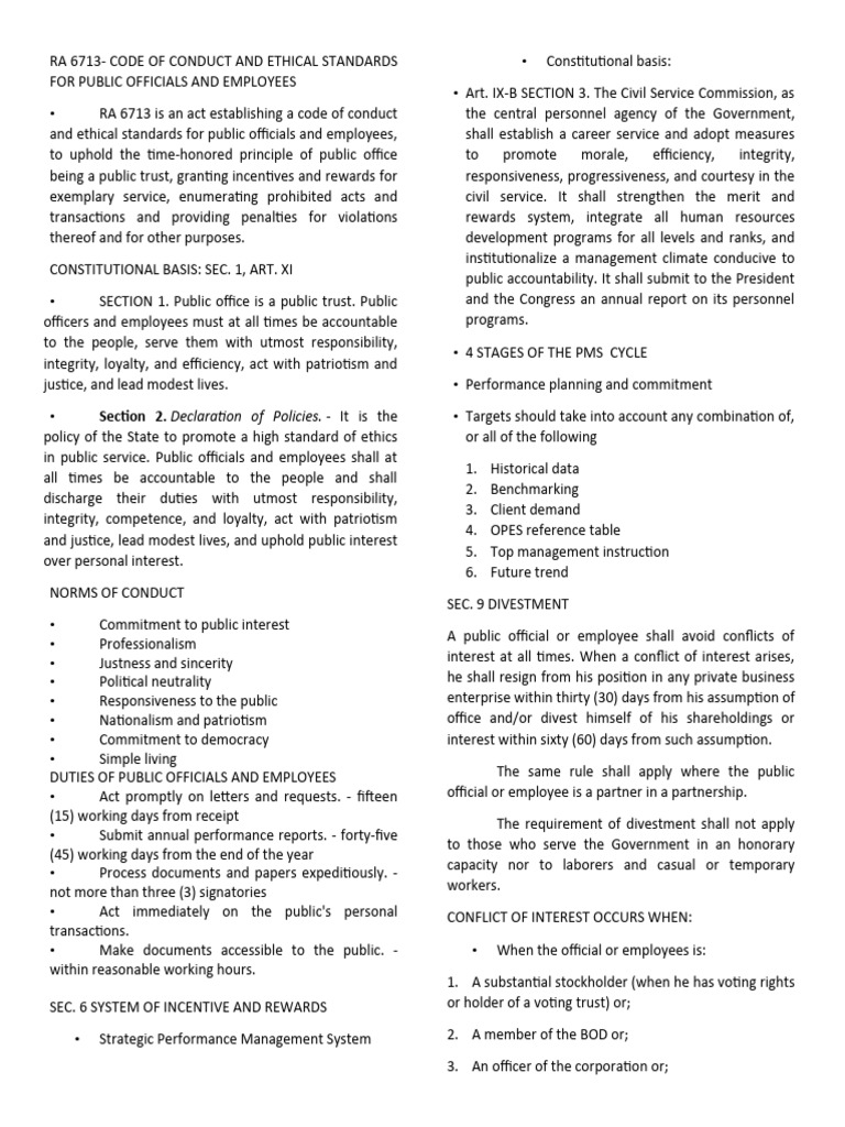 RA 6713: Code of Conduct Overview | PDF | Conflict Of Interest | Fine ...
