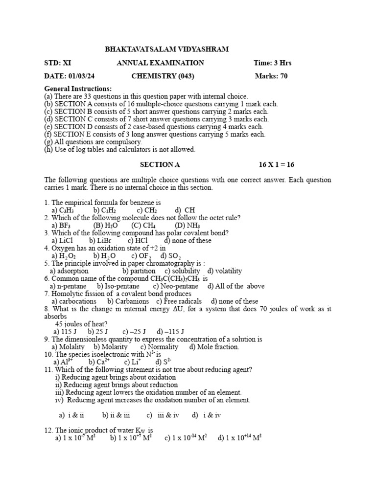 Chemistry Exam for 11th Grade | PDF | Periodic Table | Chemical Reactions
