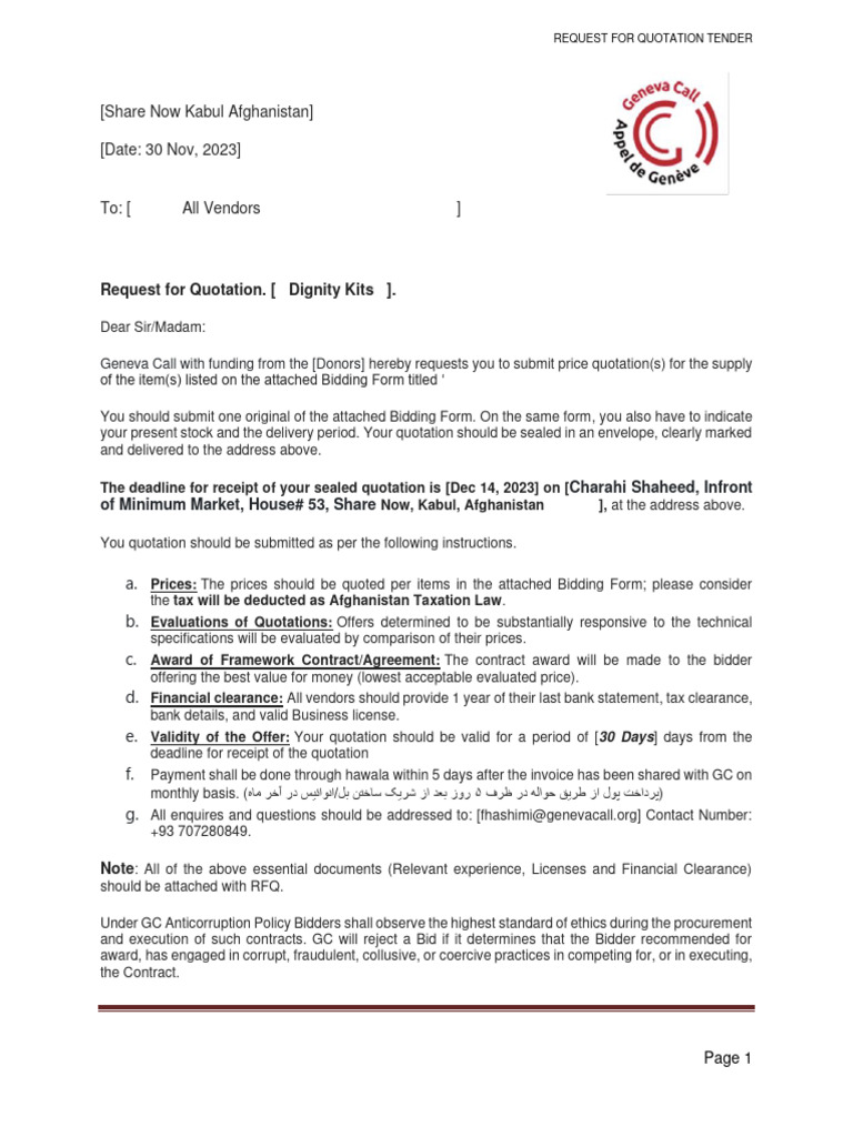 Dignity Kits RFQ for Vendors in Kabul | PDF | Prices | Flashlight