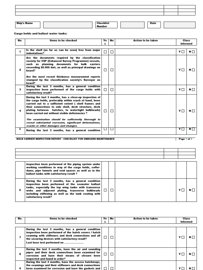 Bulk Carrier Inspection Checklist | PDF | Shipping | Water Transport