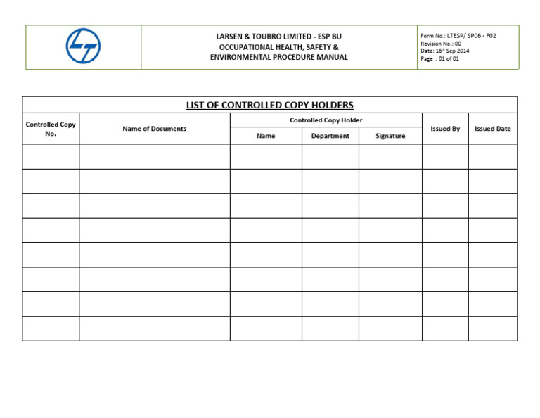 LTESP - SP06 - F02 - List of Controlled Copy Holders | PDF