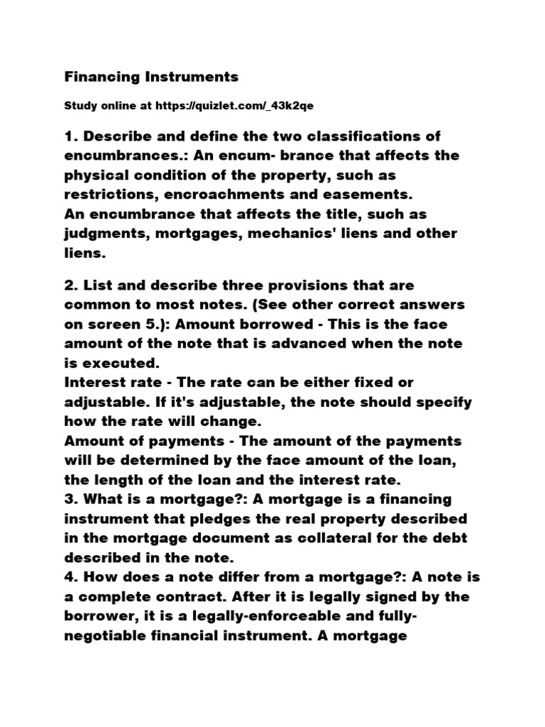Financing Instruments QUESTIONS | PDF | Mortgage Law | Real Estate Law
