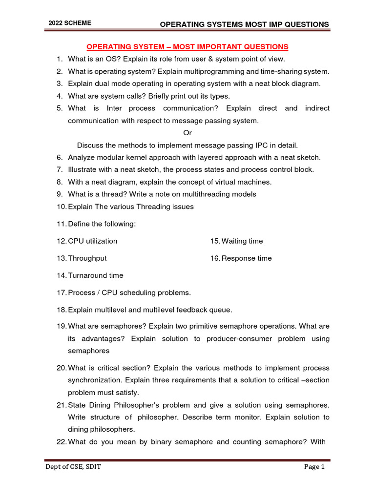 Key Operating System Questions 2022 | PDF | Process (Computing ...