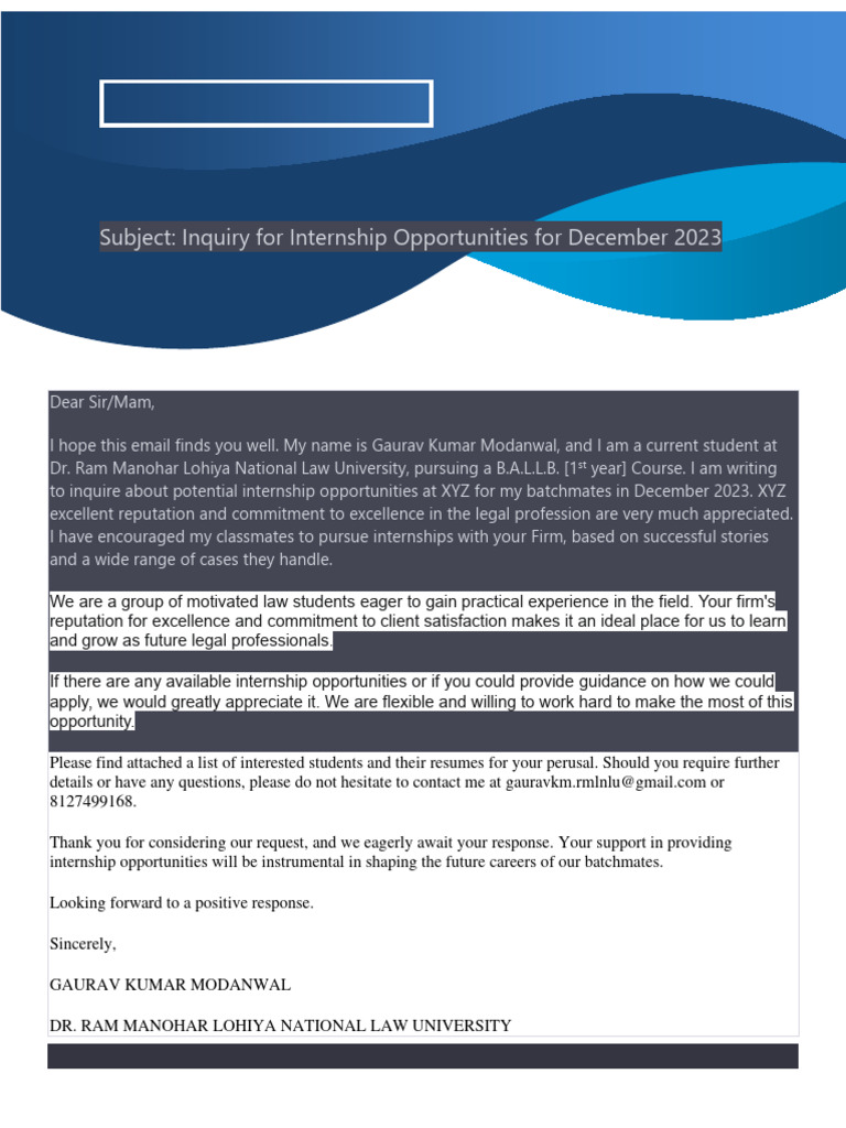 Internship Inquiry for Law Students | PDF | Business | Law