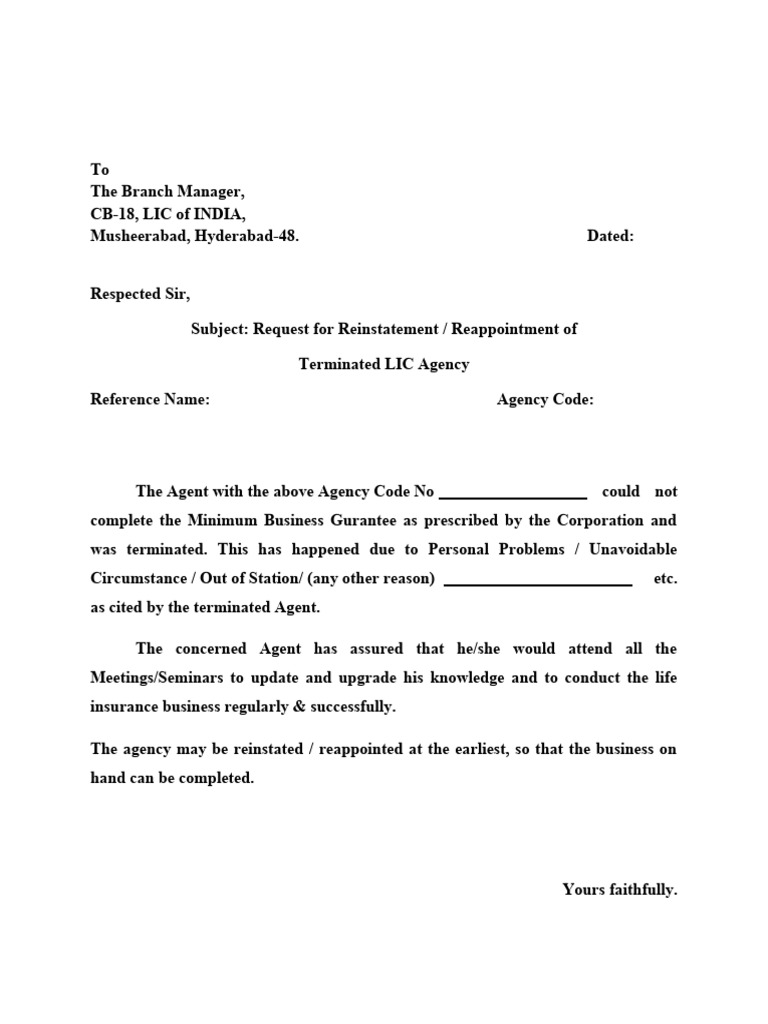 Request for LIC Agency Reinstatement | PDF