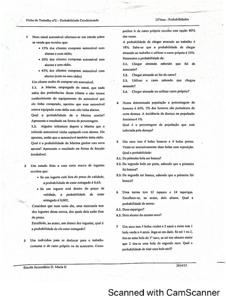 Ficha de Trabalho Probabilidade Condicio | PDF