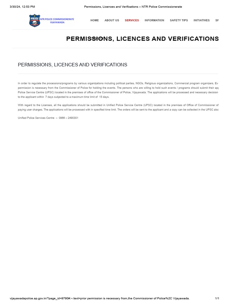 Permissions licences and verifications ntr police commissionerate pdf