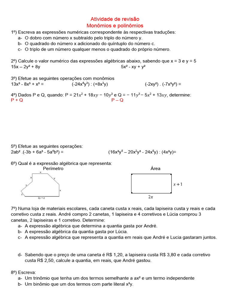 Revisão de Monômios e Polinômios | PDF | Métodos e Materiais de Ensino