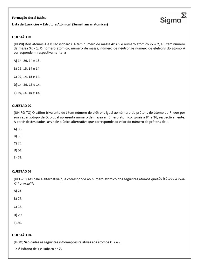 Exercícios sobre Semelhanças Atômicas | PDF | Próton | Isótopo