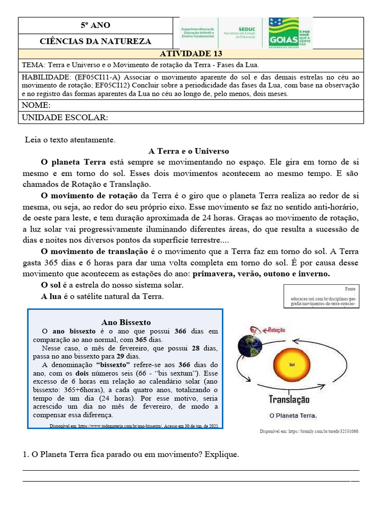 Movimentos da Terra e Fases da Lua | PDF | Ano | Terra