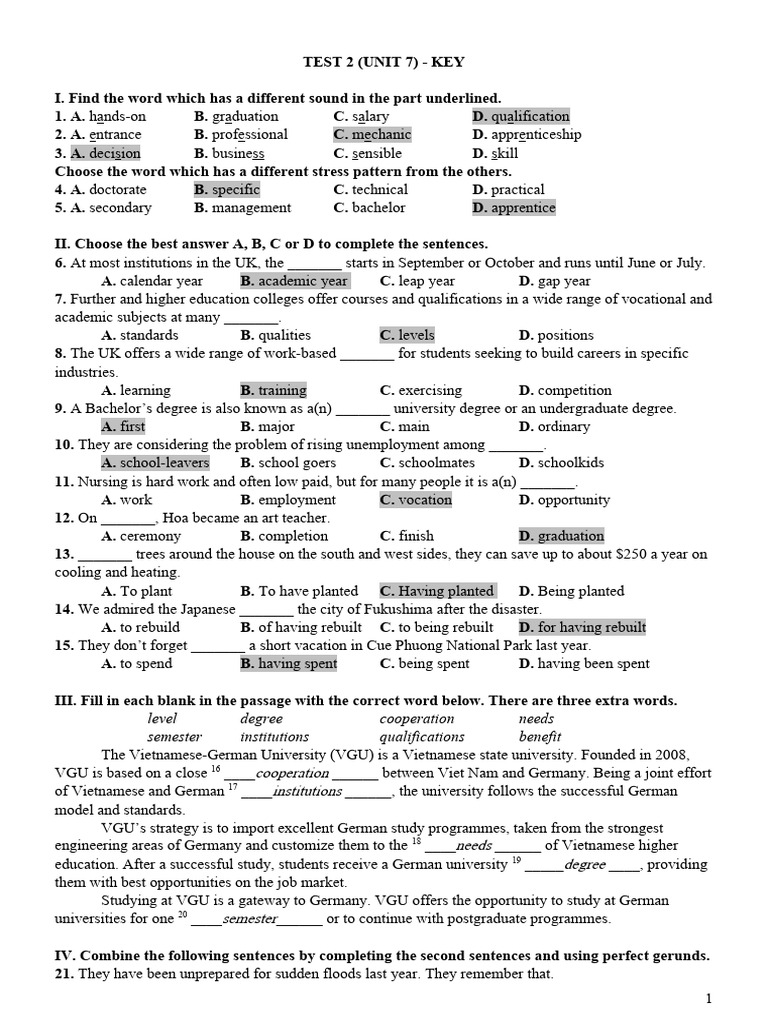 Unit 7 - Test 2 - Key | Download Free PDF | Distance Education ...