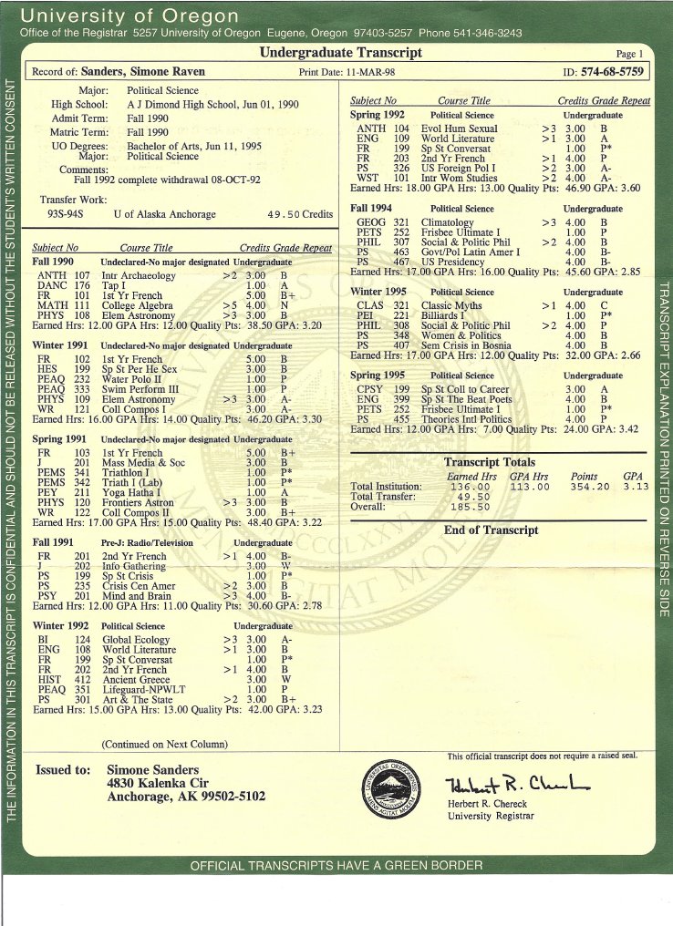 Simone Sanders Academic Transcript | PDF
