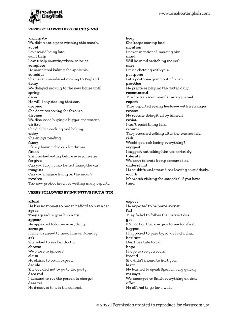 Gerunds and Infinitives Verb List | PDF