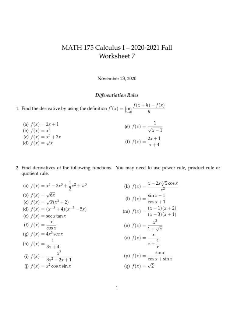 MATH 175 Calculus I: Derivative Worksheet | PDF | Trigonometric ...