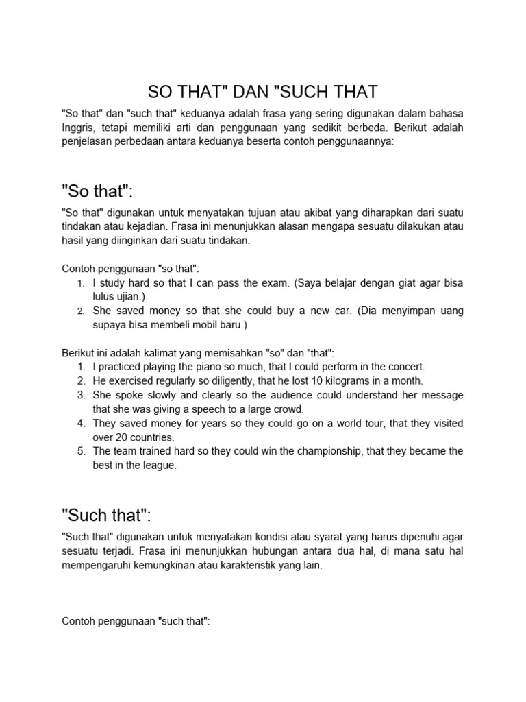 Perbedaan "So That" dan "Such That" | PDF