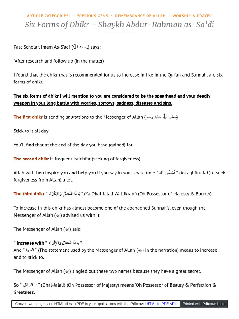 Six Forms of Dhikr in Islam | PDF | Islamic Belief And Doctrine | Sharia