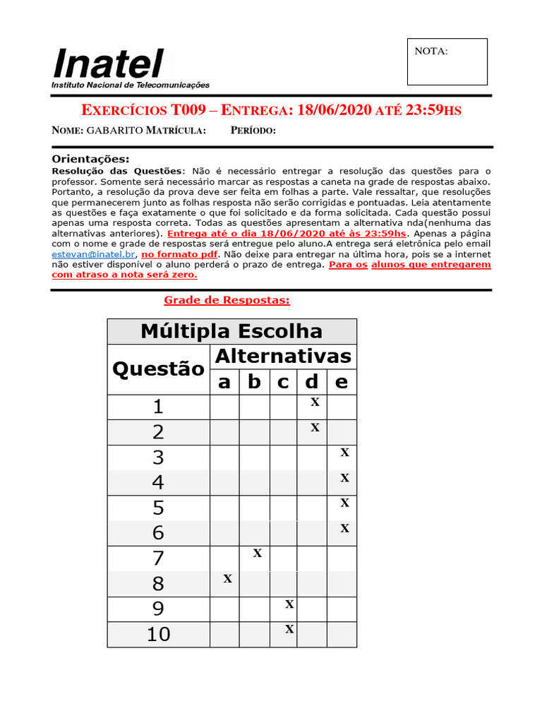 Grade de Respostas para Prova T009 | PDF