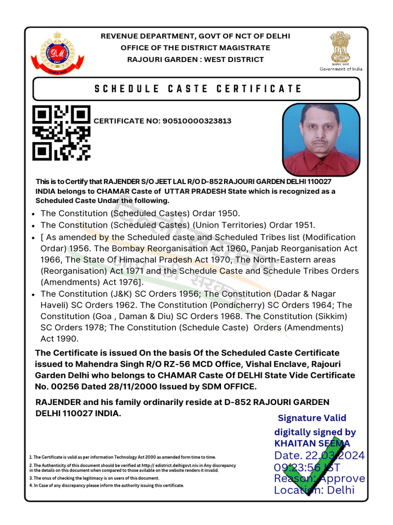 Delhi Scheduled Caste Certificate | PDF | Government Of India ...