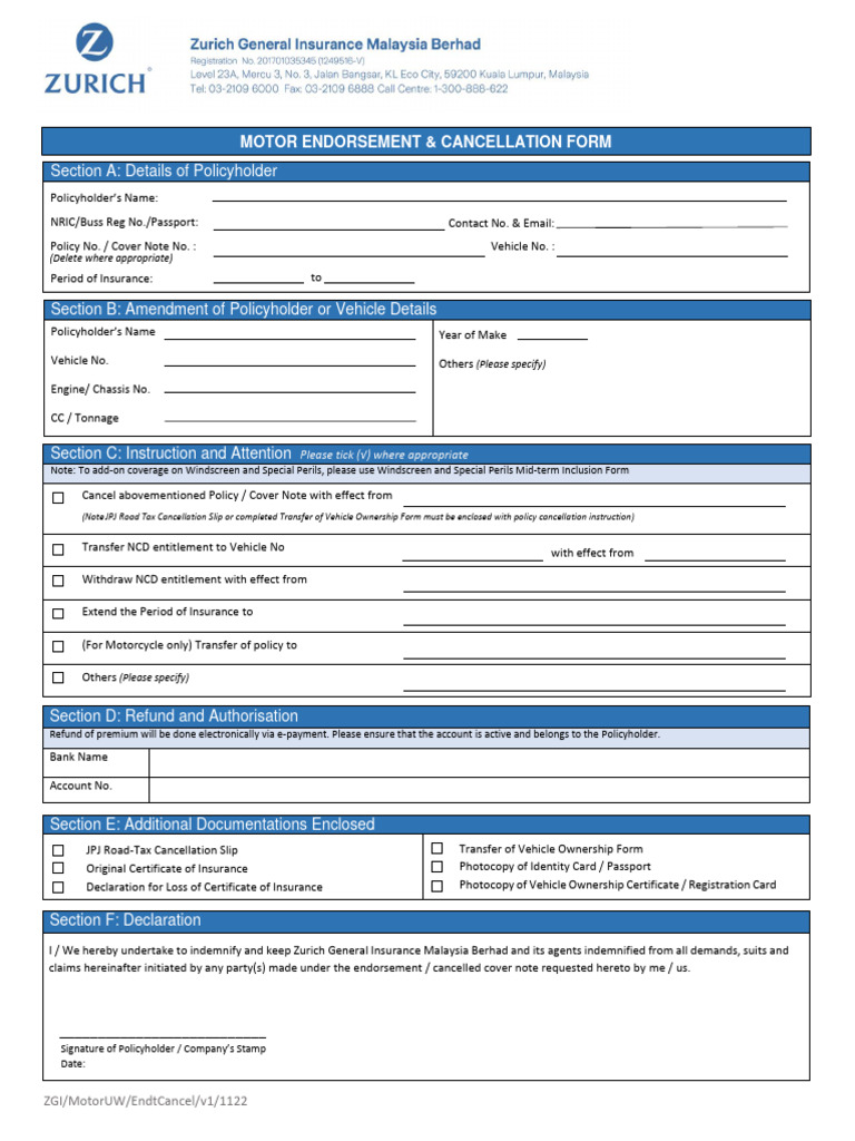 Zurich Endorsement Form Download Free PDF Insurance Information