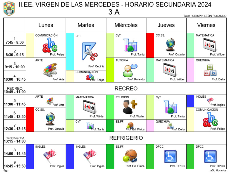 Horario Secundaria 2024 - II.EE. Virgen de las Mercedes | PDF ...