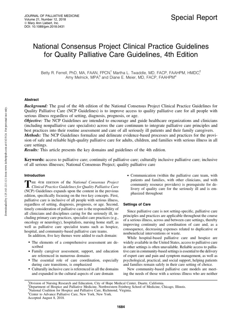 National consensus project clinical practice guidelines for quality