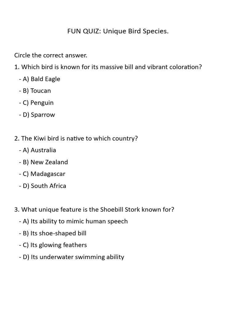 Fun quiz unique bird species pdf