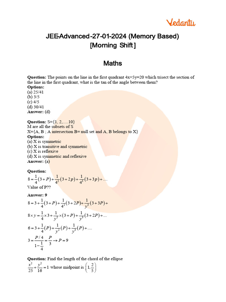 JEE Main 2024 (January 27 Shift 1) Maths Question Paper With Solutions ...