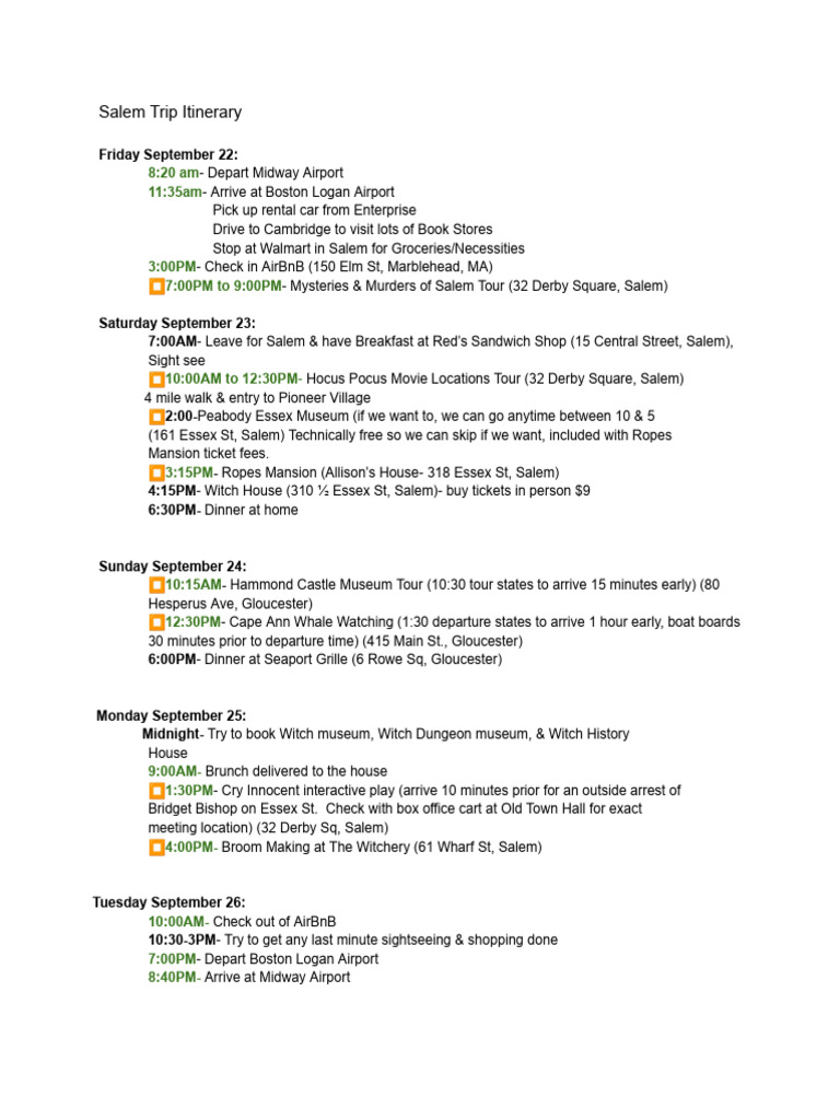 Salem, MA Trip Itinerary | PDF