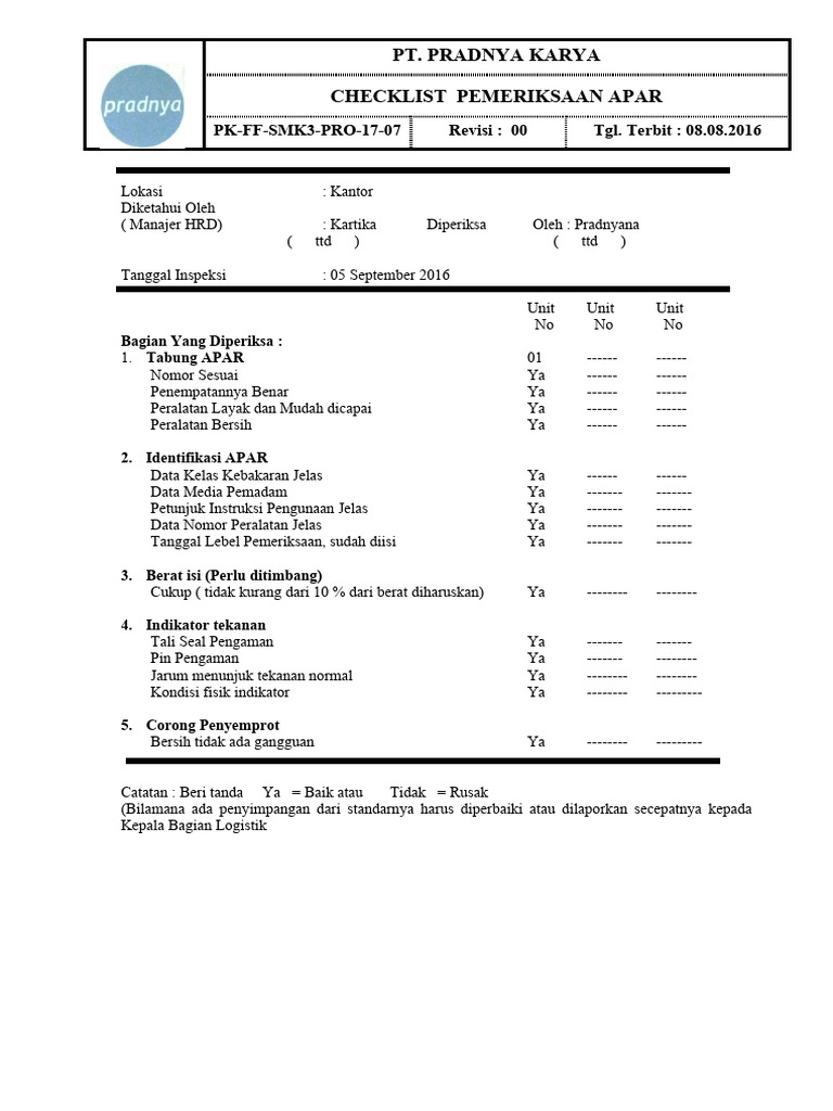 Checklist Pemeriksaan APAR 2016 | PDF