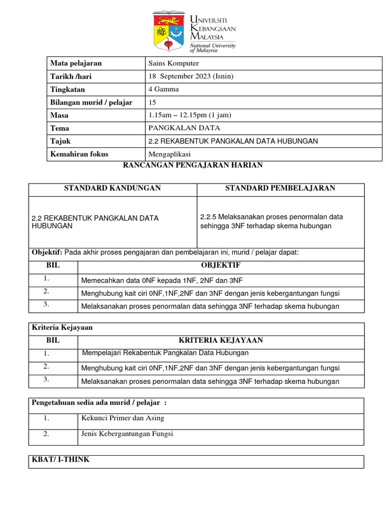 Rancangan Pengajaran Pangkalan Data | PDF