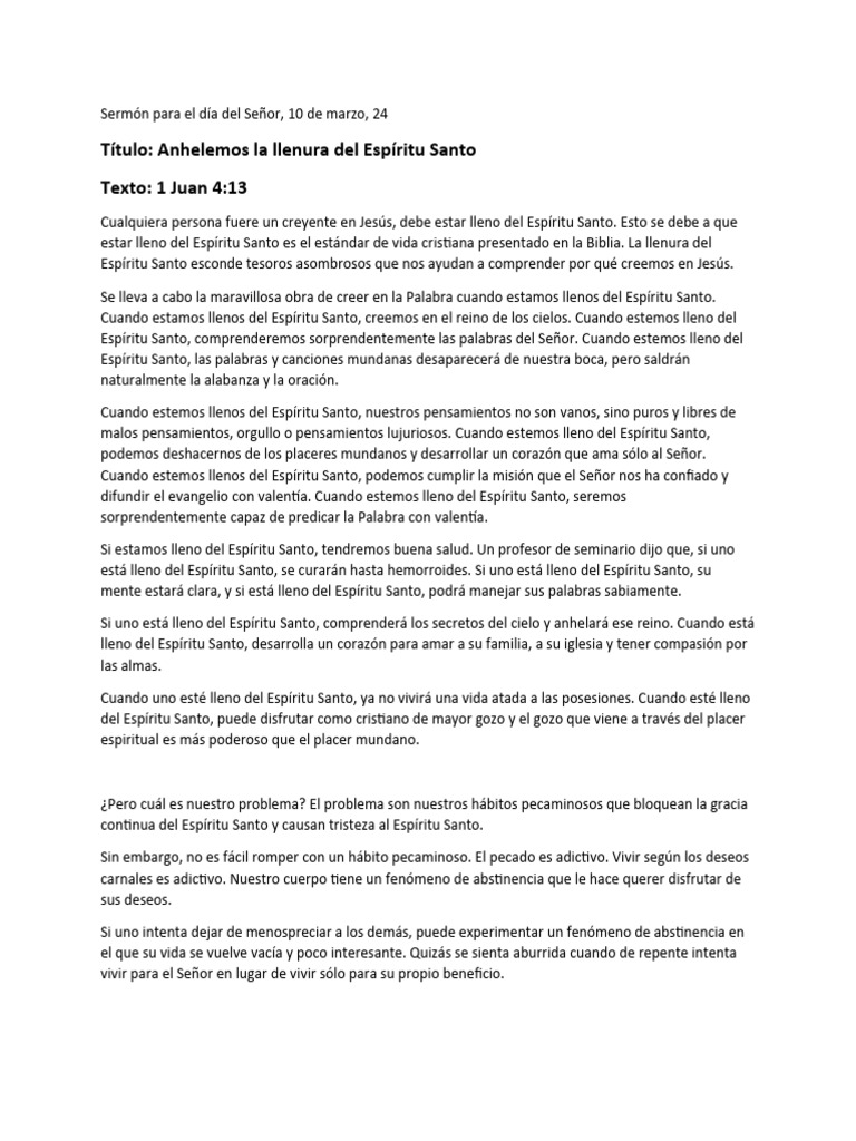 Llenura del Espíritu Santo en la Fe | PDF | espíritu Santo | Pecado
