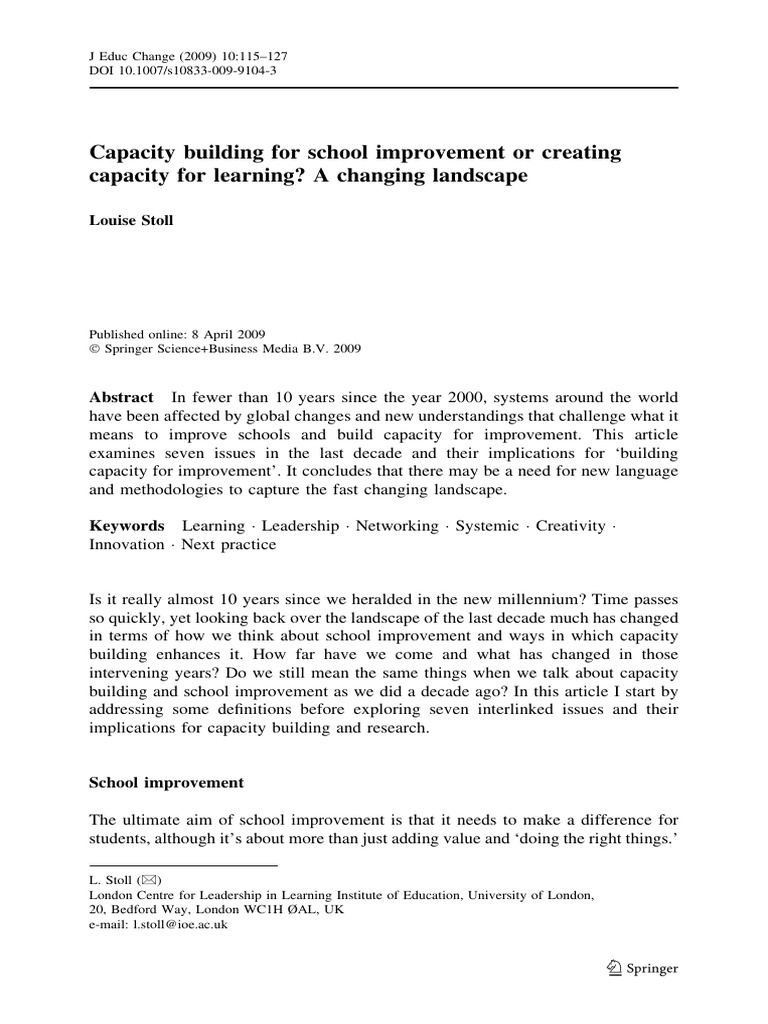 Capacity Building For School Improvement, Stoll, 2009 | PDF | Learning ...