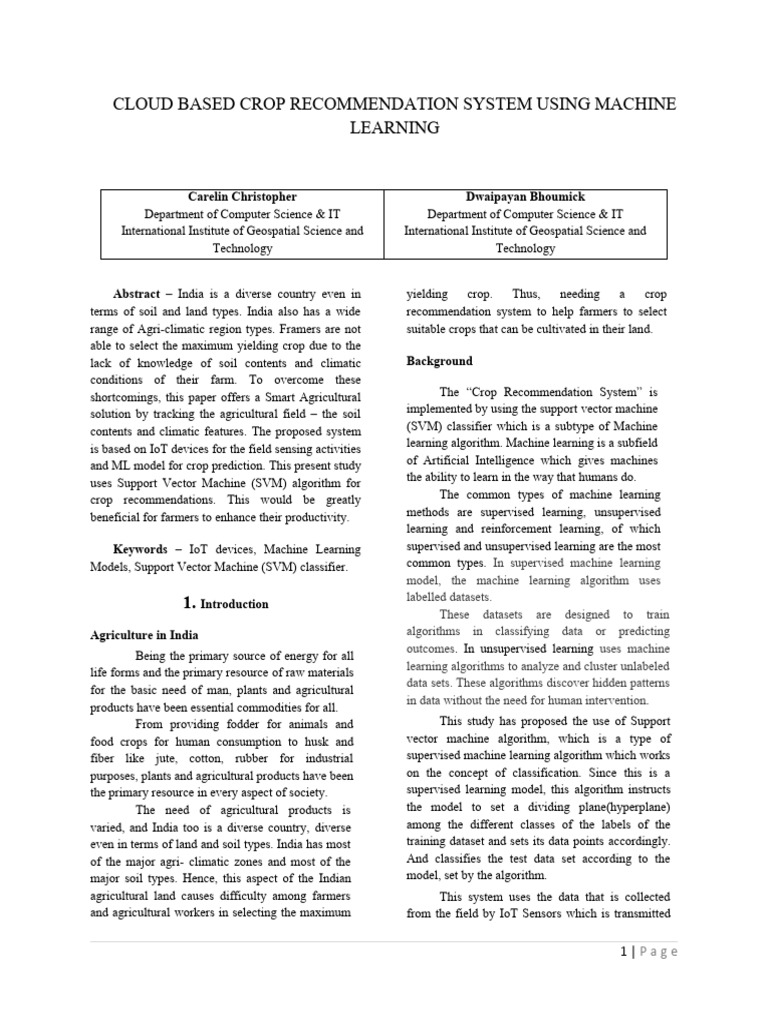 Cloud based crop recommendation system using machine learning
