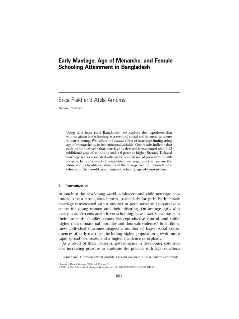Early marriage age of menarche and female pdf marriage puberty