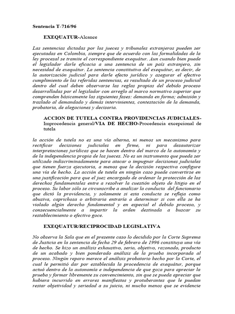 Exequátur y Tutela en Colombia: Sentencia T-716/96 | PDF | Jurisdicción ...