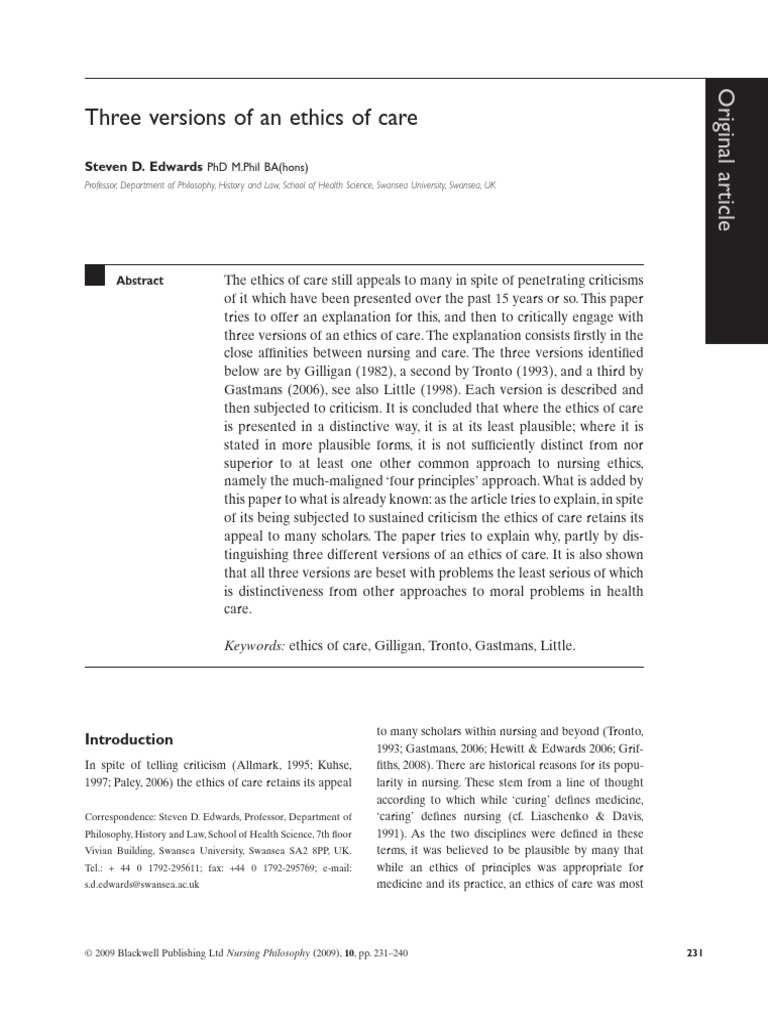 Three Versions of An Ethics of Care | PDF | Nursing | Justice