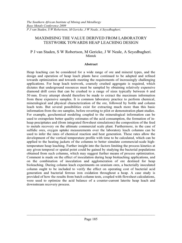 Maximizing The Value Derived From Laboratory Test Work Towards Heap ...