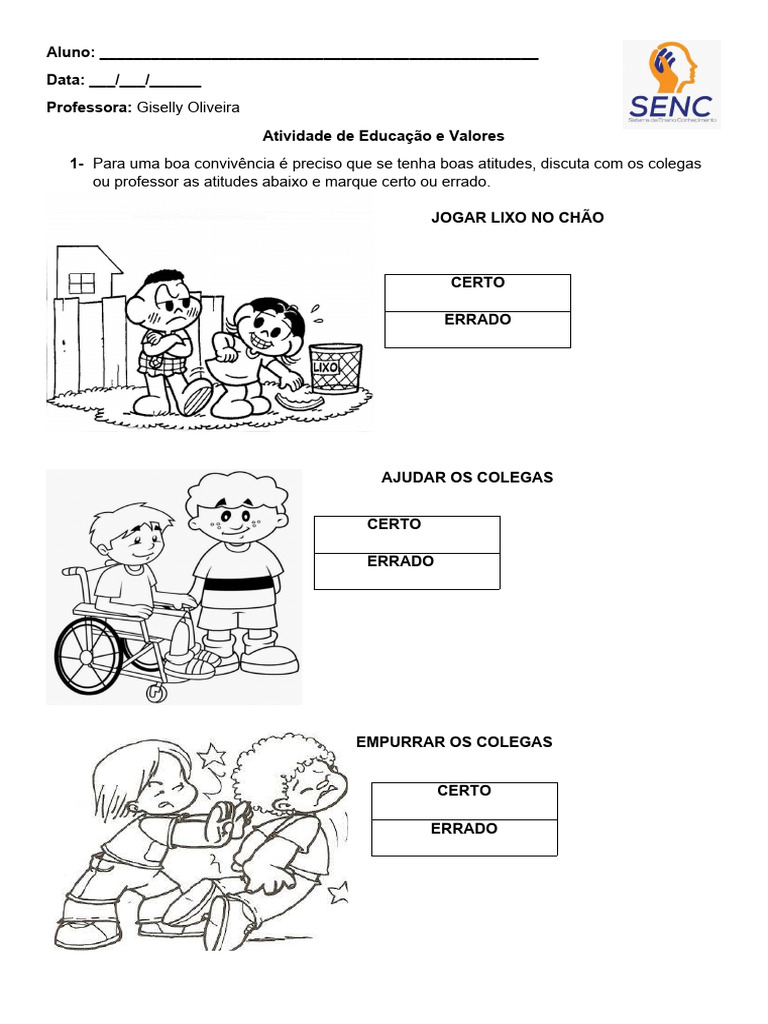Atividades sobre Boas Atitudes e Valores | PDF
