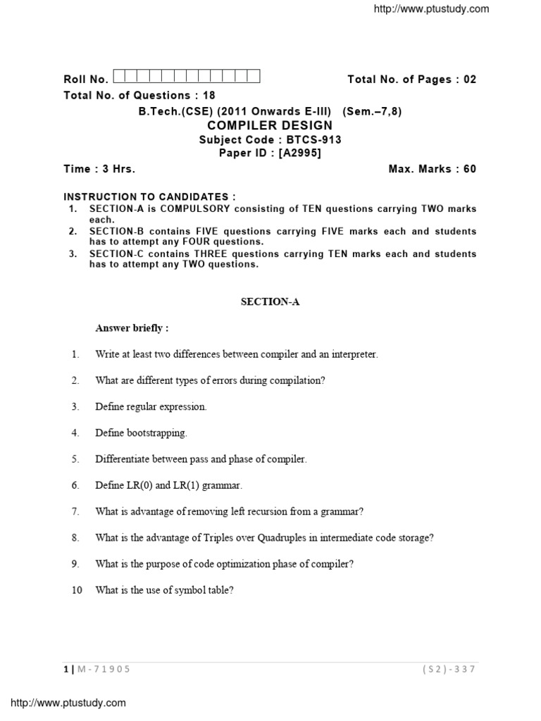 Btech Cse 7 8 Sem Compiler Design A2995 Dec 2018 | PDF | Parsing | Compiler
