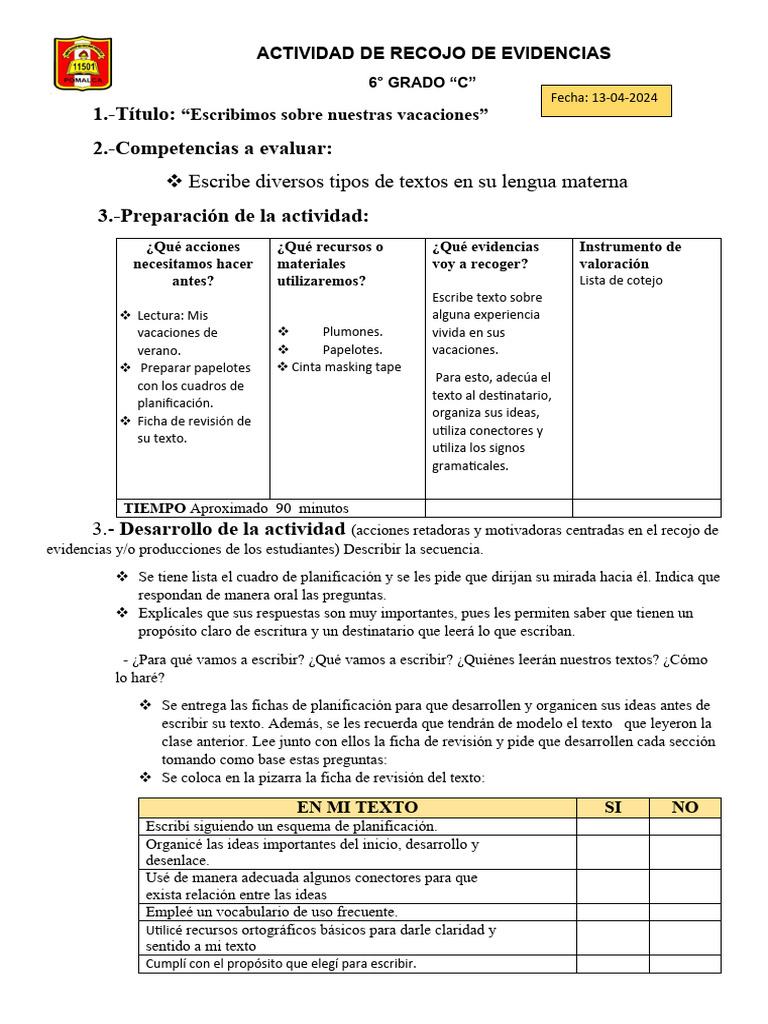 Escribimos Un Texto Sobre Nuestras Vacaciones Pdf