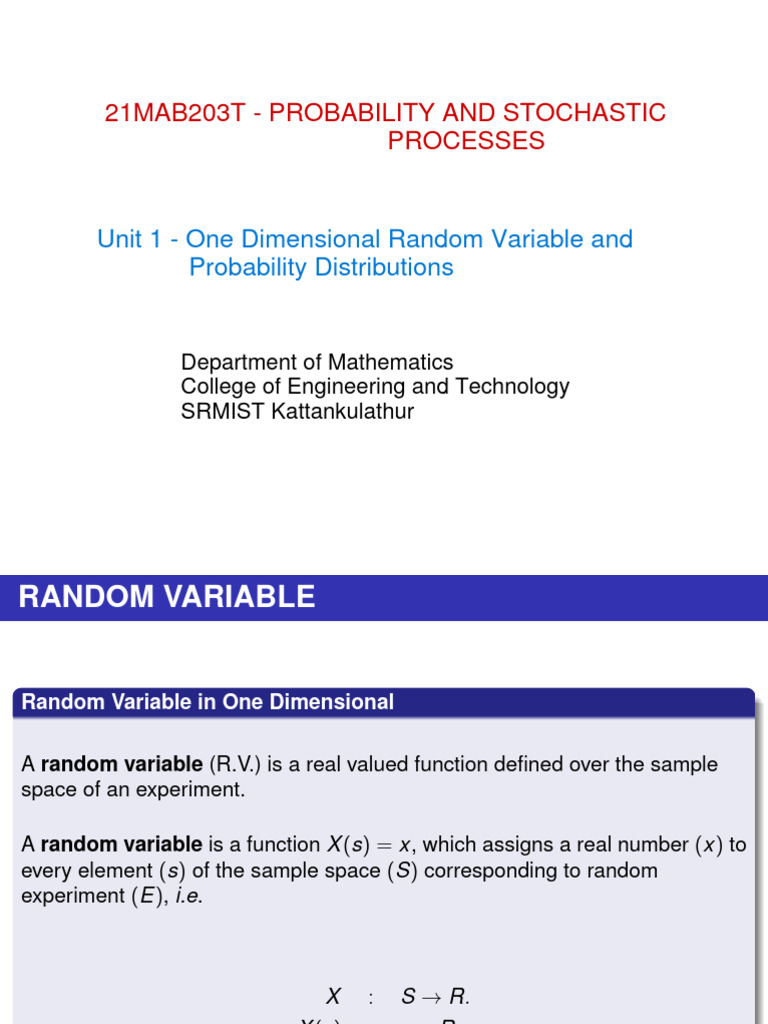 One Dimensional Random Variables | PDF | Probability Distribution ...