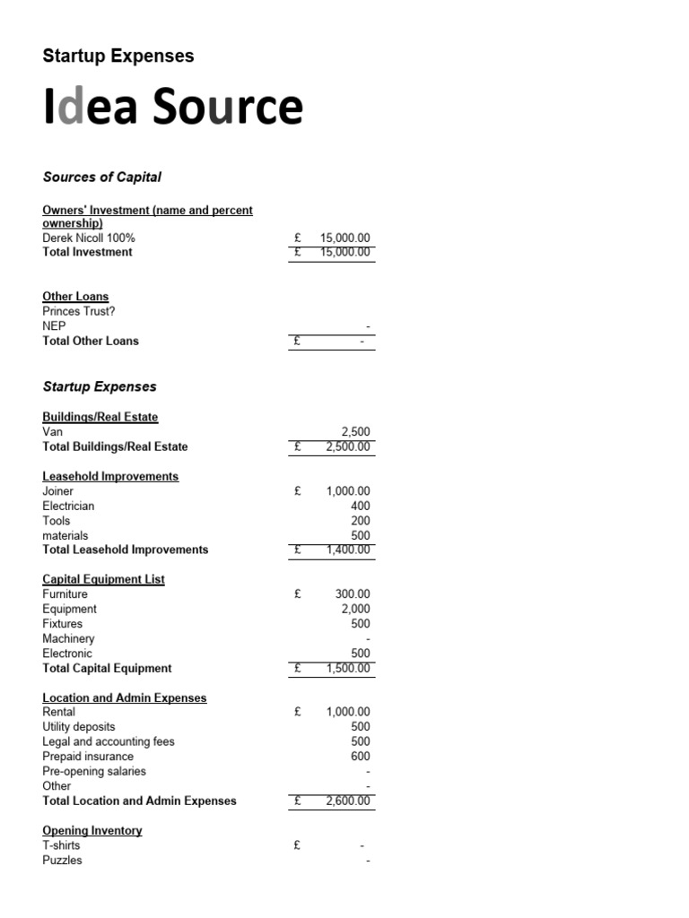 Idea source start up expenses 1 0 download free pdf expense